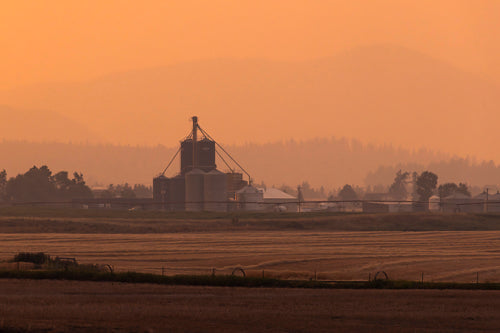 Grain silos on the family farm at dust in late summer