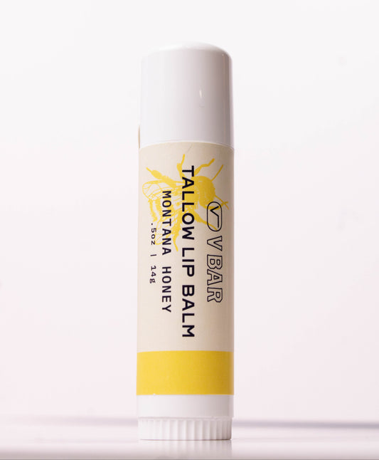 Natural tallow lip balm made from grass-fed beef suet for dry lips and sourced from Montana ranches