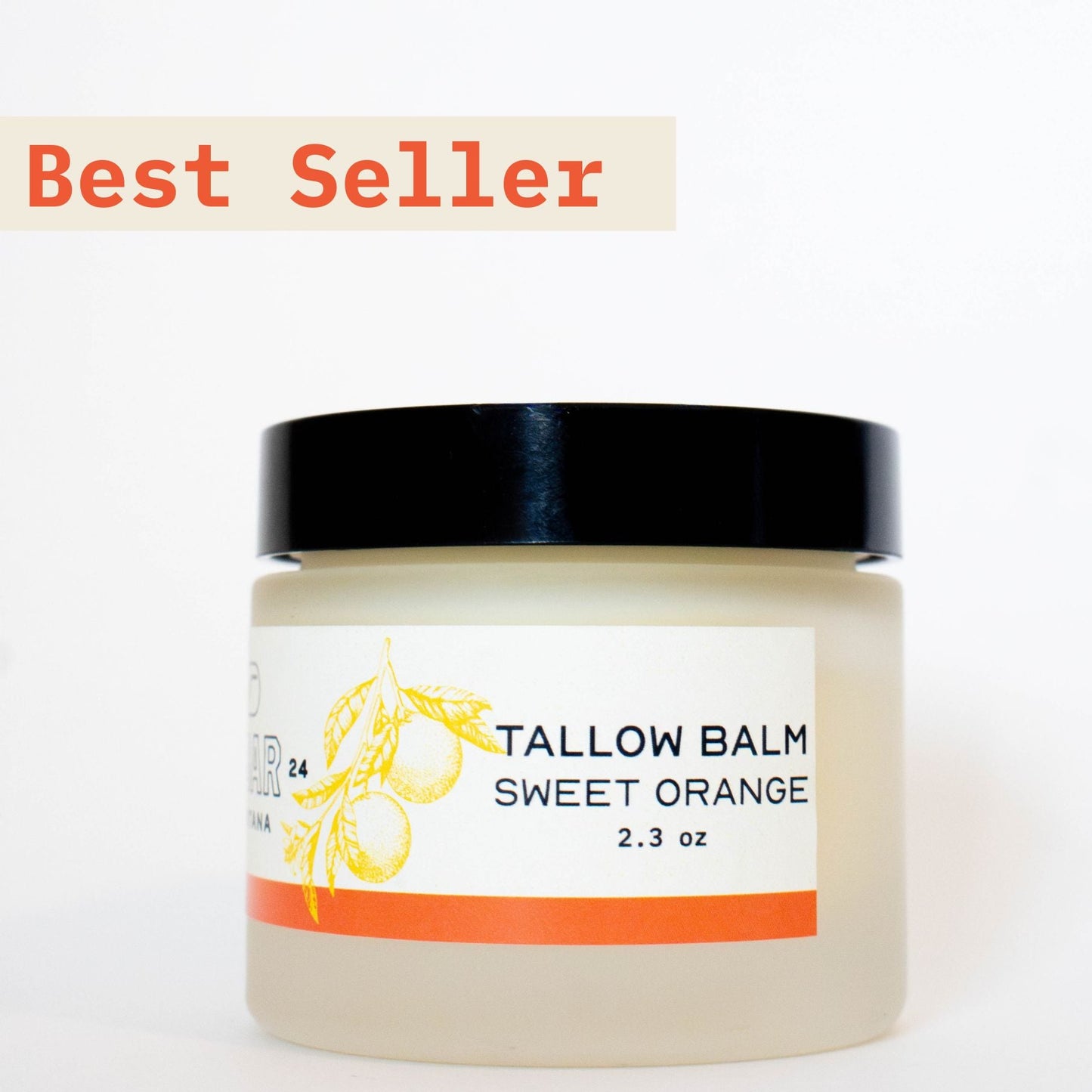jar of Vbar Montana sweet orange tallow balm labeled "best seller" on a white background