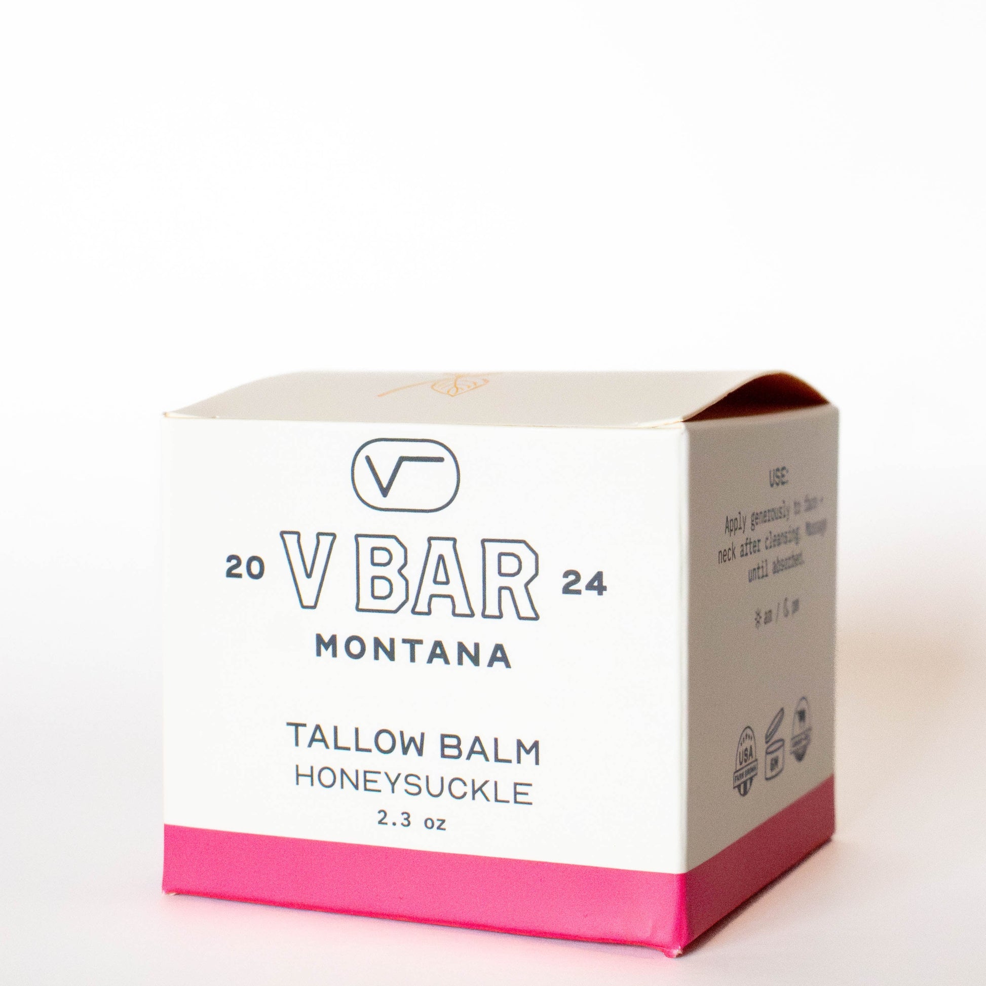 box of Vbar Montana honeysuckle tallow balm, made from grass fed beef suet on a white background