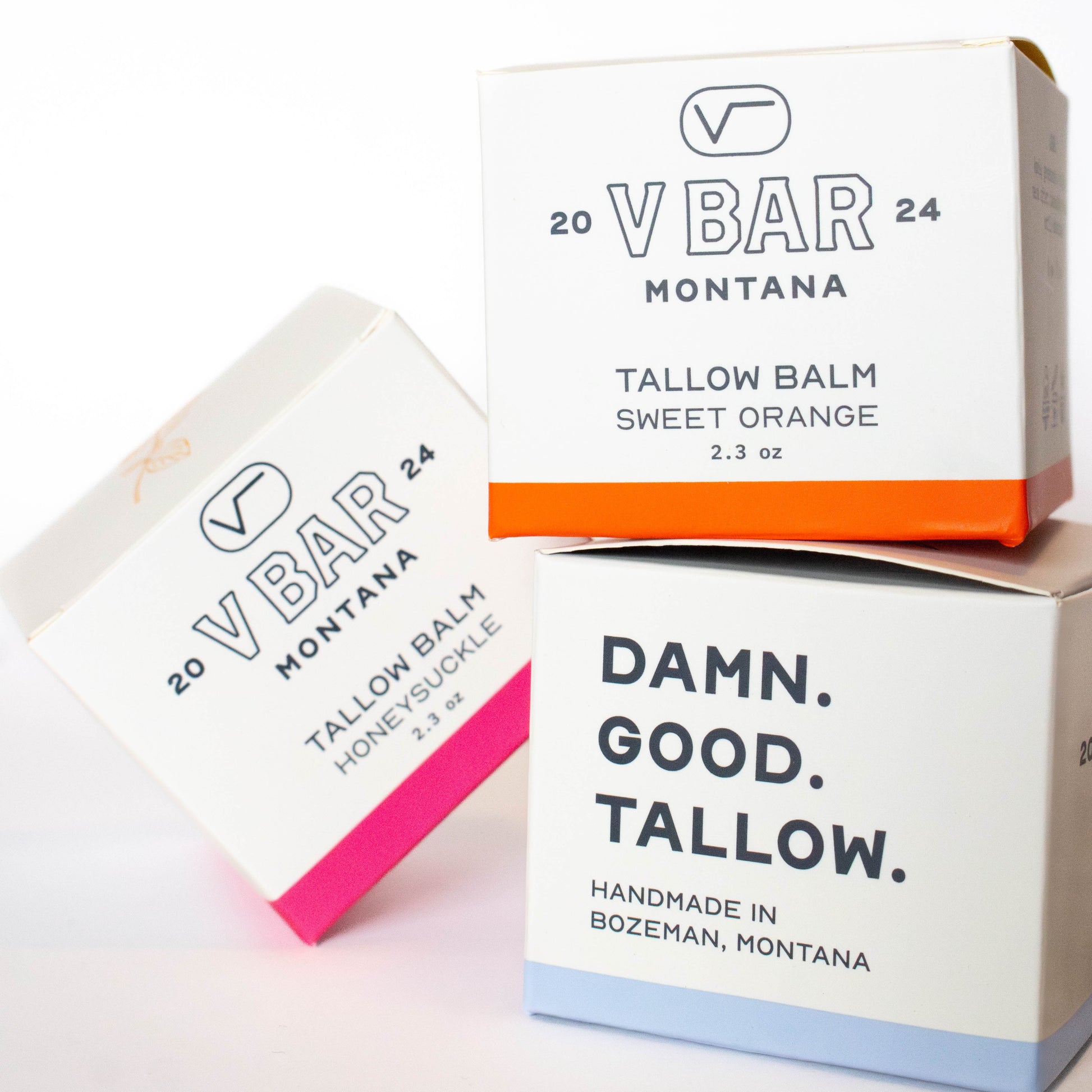 boxes of Vbar Montana tallow balms on a white background