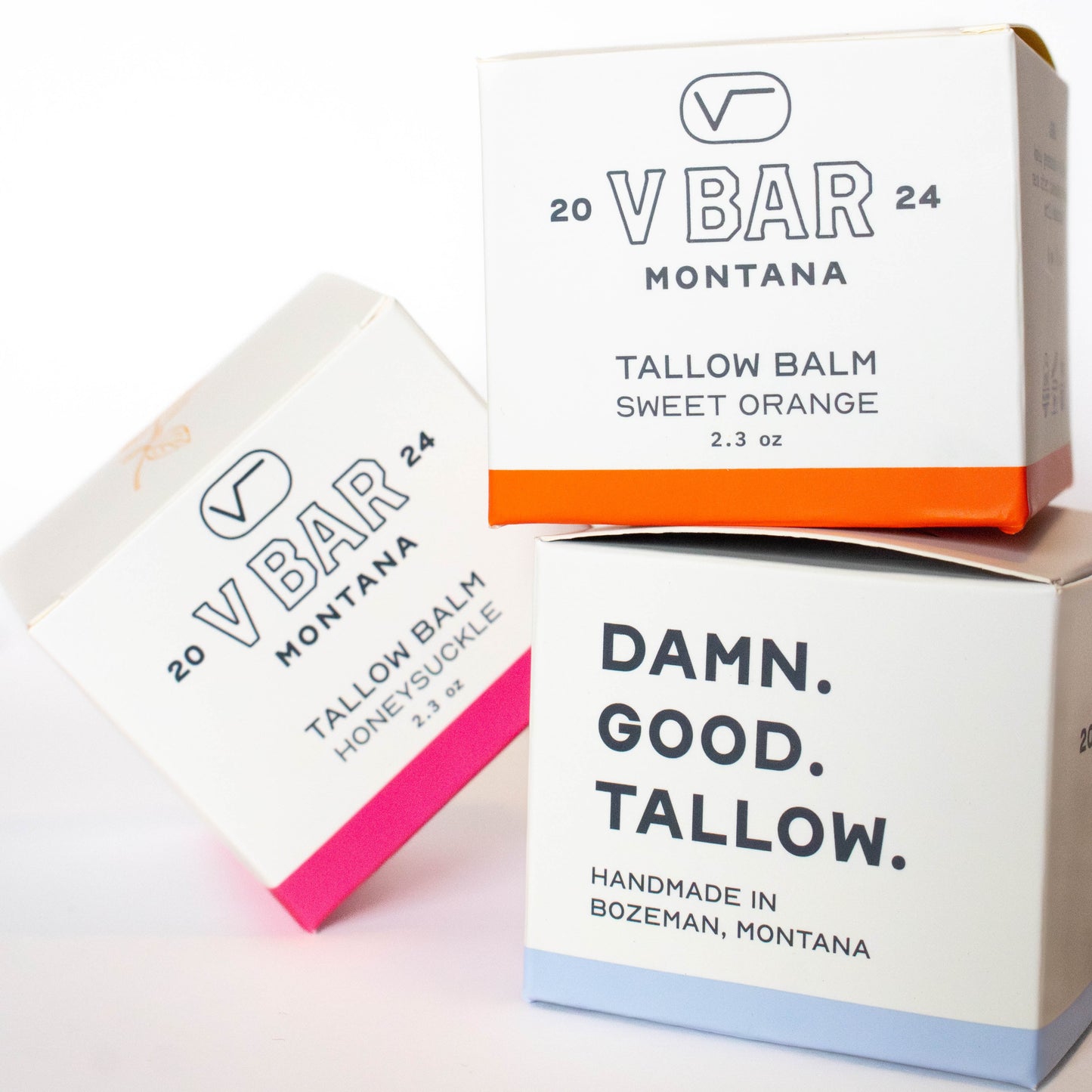 boxes of VBar Montana tallow balms on a white background