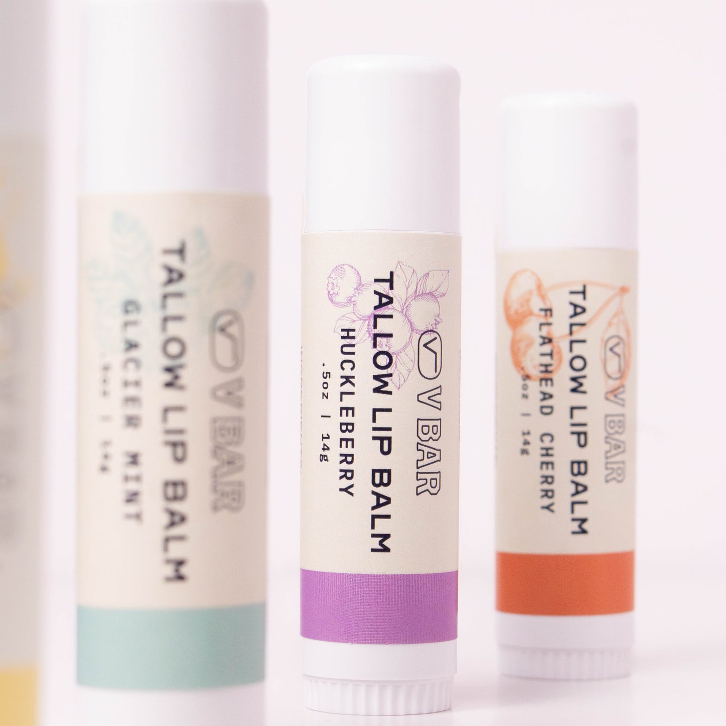 Tubes of natural tallow lip balms made from grass-fed beef suet for dry lips and sourced from Montana ranches