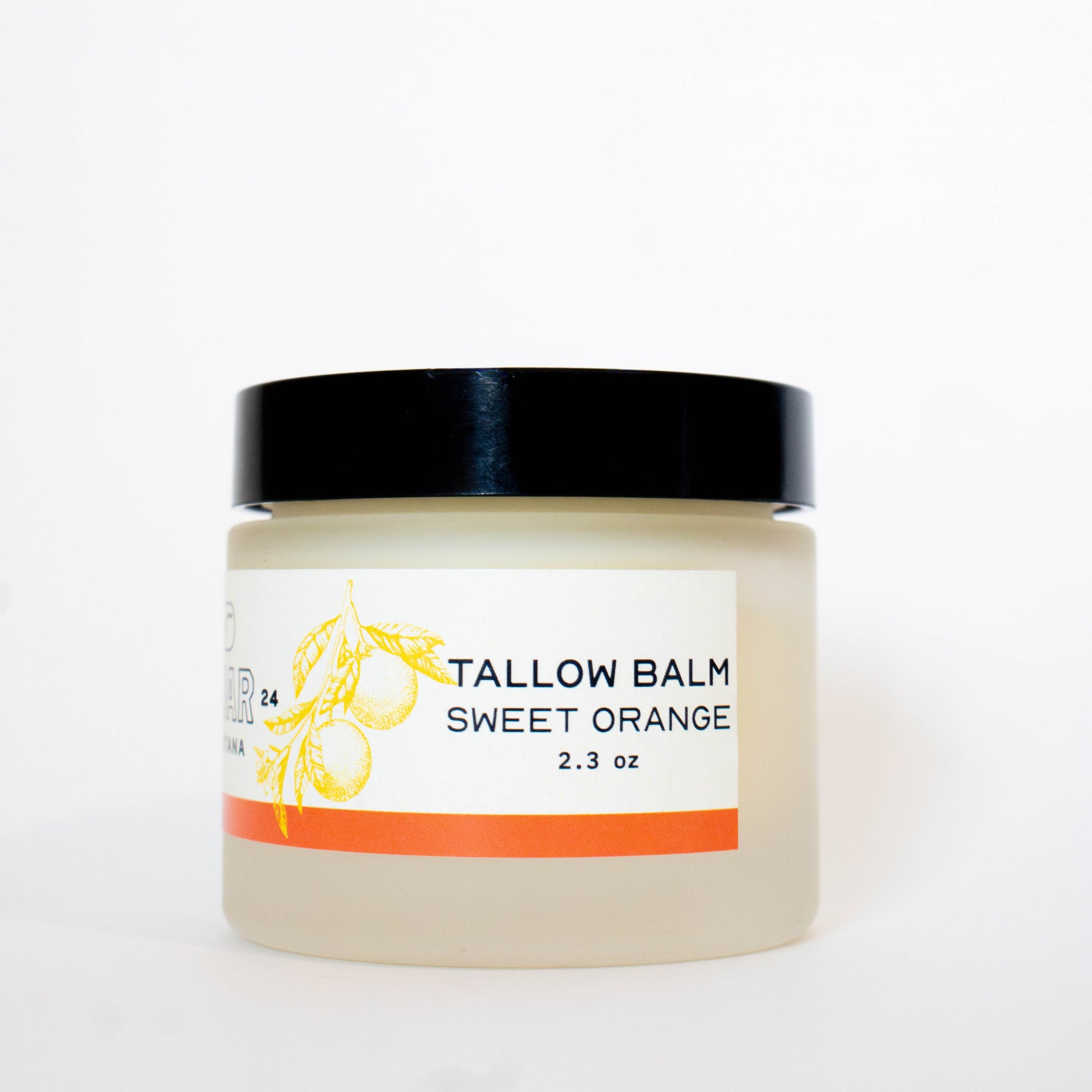 jar of Vbar Montana sweet orange tallow balm, made from grass fed beef suet on a white background