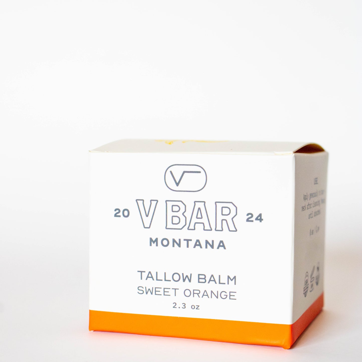 box of Vbar Montana sweet orange tallow balm on a white background