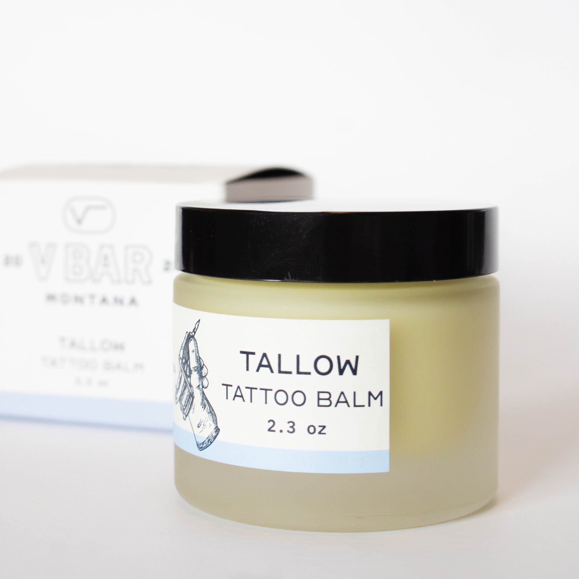 glass jar of VBar Montana beef tallow tattoo balm, made with grass-fed beef suet